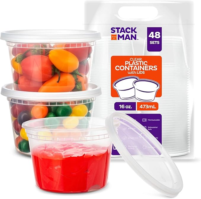 Deli Containers with Lids [48 Sets - 16 oz.] Pint Plastic Soup Container - Disposable Deli Food Storage Containers with Airtight Lids for Freezer & Restaurant Takeout