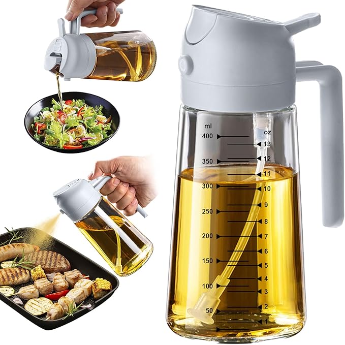 TrendPlain 16oz/470ml Glass Olive Oil Sprayer for Cooking – 2 in 1 Olive Oil Dispenser Bottle for Kitchen Gadgets and Air Fryer Accessories, Salad, BBQ - Ash