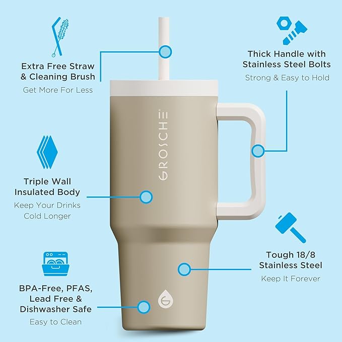 GROSCHE ASPEN 32 oz Tumbler with Handle and Straw. Extreme Insulation, Classy Design, Built to Last Insulated Stainless Steel Tumbler with Handle, Lid and Straw - Sand Beige