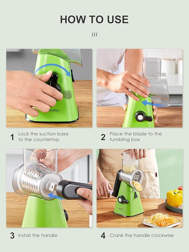 Rotary Cheese Grater with Handle, Reemix Vegetable Cheese Shredder Slicer Grater for Kitchen 3 Changeable Blades for Cheese Potato Zucchini Nuts Chocolate (Green)