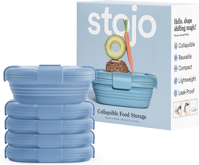 STOJO Collapsible Sandwich Box – 24oz, Reusable Food Storage Container, Silicone Bowl for Hot/Cold Food – Meal Prep, Lunch, Camping, Hiking – Dishwasher Safe (Set of 5, Steel)