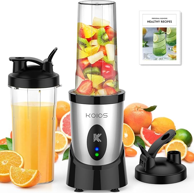 KOIOS Smoothie Blender, 900W Personal Blender for Shakes and Smoothies Kitchen with 2 No-BPA 22oz Portable Cups, Single Serve Smoothies Maker Mixer for Juices, Nutritious Recipe, Silver
