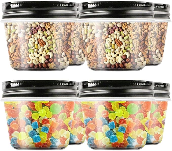 Novelinks 4 Ounce Plastic Jars with Black Lids - Refillable Round Clear Containers for Kitchen & Household Storage - BPA Free (40 Pack)