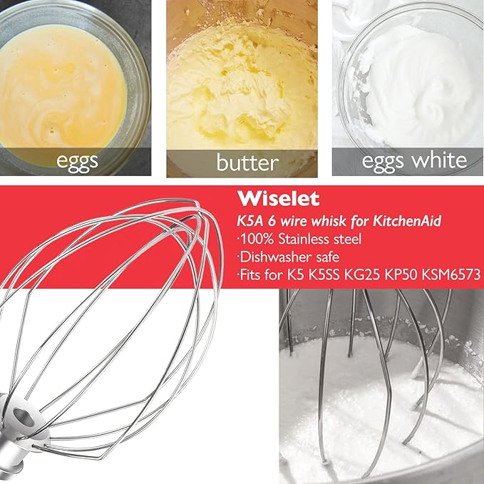 K5A Stainless Steel Whisk for KitchenAid 5 Qt Bowl-Lift Stand Mixer, 6 Wire Whip Compatible with K4/5, K5SS, KSM5, KG25, KF26, KP50, KSM6573, KSM6521 Heavy Duty, 18/8 Stainless Steel, Dishwasher Safe
