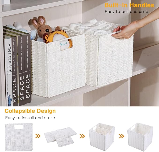Vagusicc Wicker Storage Basket, Set of 2 Hand-Woven Wicker Baskets for Organizing, Foldable Cube Storage Basket Bins, 13 Inch Large Wicker Storage Baskets for Shelves & Decor, White (13''x13''x13'')