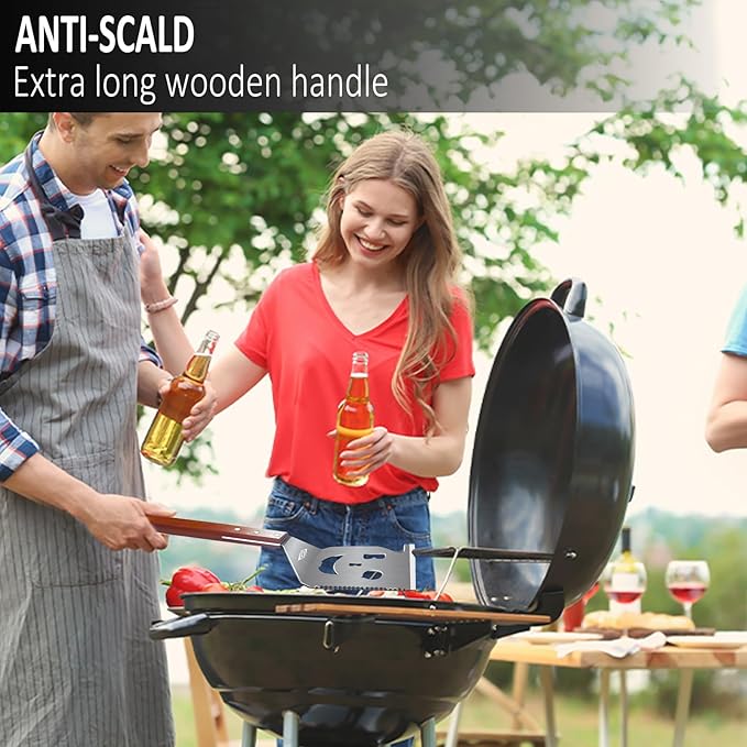 Heavy Duty BBQ Grill Tongs and Spatula for Outdoor Grill, 17” Long 5-in-1 Grill Spatula Comes with an 16” Long Locking Kitch Tongs, Best BBQ Gifts for Barbecue Grilling Master