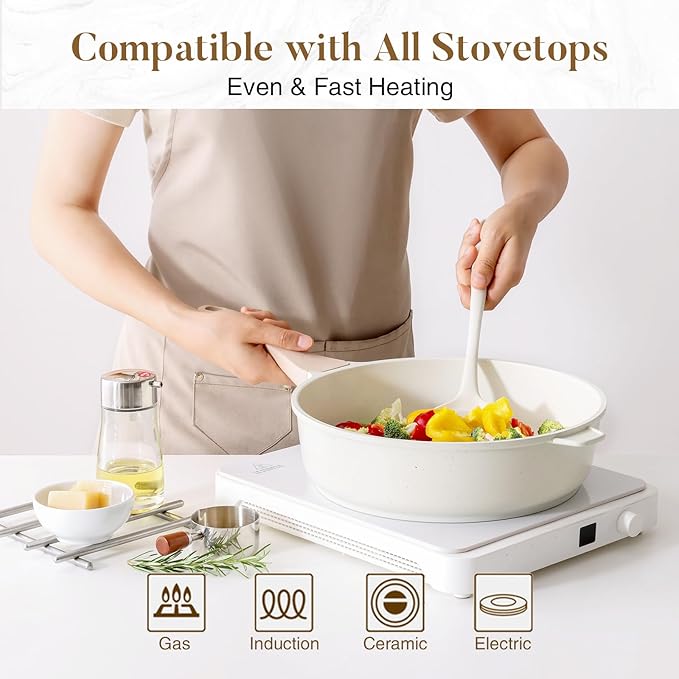 Kordisen Nonstick Ceramic Deep Frying Pan, 11 Inch Non Toxic Skillet with Lid, Healthy Jumbo Cooker, Saute Pan for Cooking, Induction Cookware, PFOA & PFAS Free (Cream)