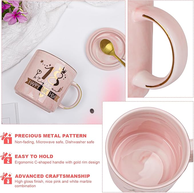 18th Birthday Gifts for Girls, Happy 18 Year Old Girl Birthday Gifts, Unique Gift Ideas for 18 Year Old Girl Daughter, Niece, Granddaughter, Presents for 18th Birthday Decorations 14 Oz Pink Mug
