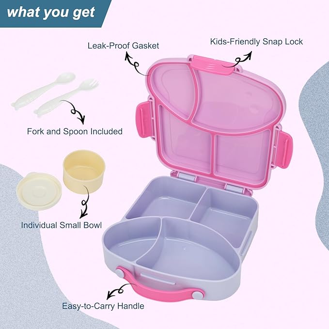 Bento Box for Kids School Lunch Box with Utensils and a Dipping Bowl, Leak-Proof 4 Compartments with Carrying Handle, BPA-Free Bento Box for Girls and Boys in School, Preschool, Daycare (Purple)