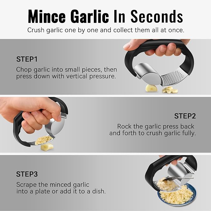 Garlic Press Rocker - Stainless Steel Garlic Crusher, 2-in-1 Easy Kitchen Gadget for Effortless Smashing