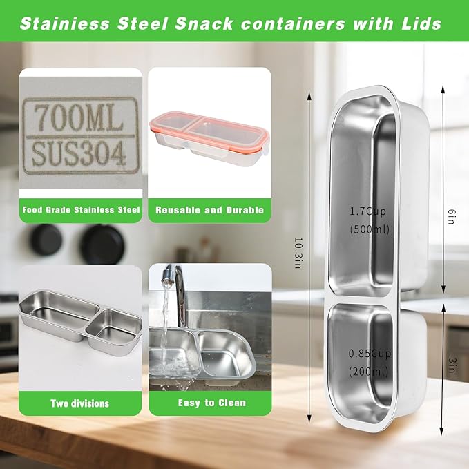 Stainless Steel Snackle Container For Adults, Reusable Bento Lunch Box Snack Containers, 2 Compartment Divided Food For Home Work Travel