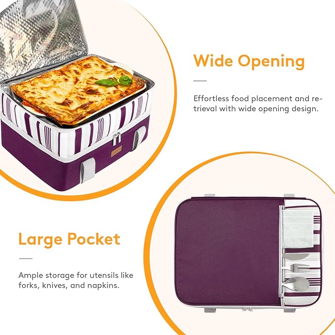 LUNCIA Double Decker Insulated Casserole Carrier for Hot or Cold Food, Lasagna Lugger Tote for Potluck Parties/Picnic/Cookouts, Fits 9"×13" Baking Dish, Purple