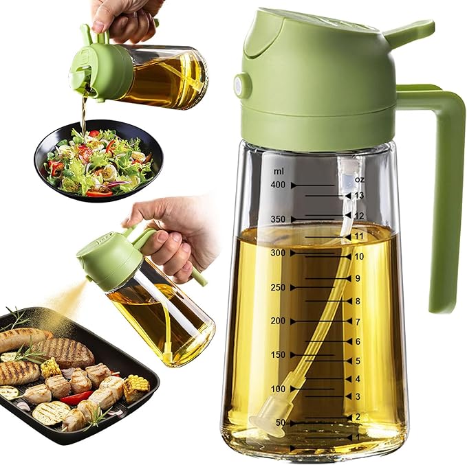 TrendPlain 16oz/470ml Glass Olive Oil Sprayer for Cooking – 2 in 1 Olive Oil Dispenser Bottle for Kitchen Gadgets and Air Fryer Accessories, Salad, BBQ - Green