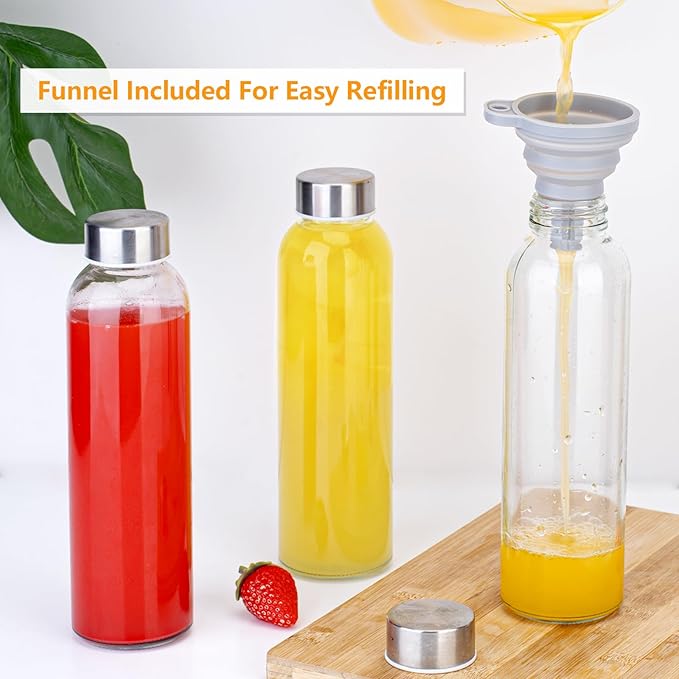 Zukro Glass Water Bottles with Lids 18 oz, 12 Pack Reusable Juice Bottles With Stainless Steel Airtight Cap for Juicing, Leak Proof Clear Drinking Jar Beverage storage container for Fridge, BPA Free