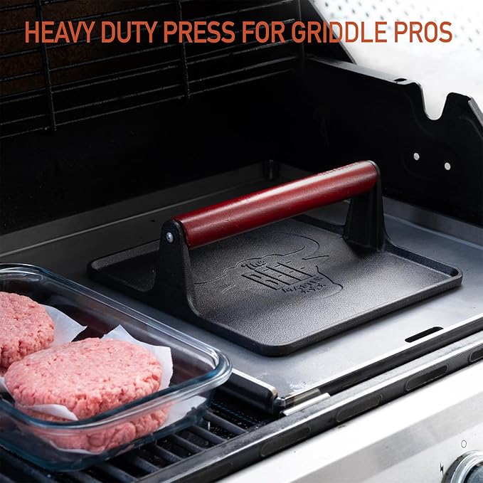 The Beef Master Cast Iron Grill Press - XL Burger Press, Pre-Seasoned Griddle Press, Heavy Duty Meat Press for Bacon, Burgers, and Steak with Cool Touch Handle - 10”x10”x4”