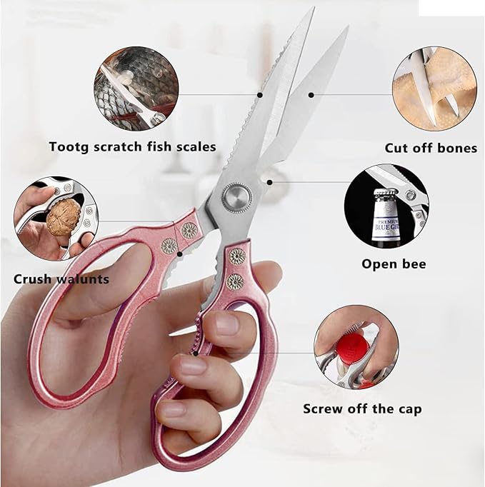 AWinjoy Kitchen Scissors, Heavy Duty Sharp Shears Dishwasher Safe, Rose Gold Cooking Accessories for Meat, Chicken, Fish, Poultry, Herb, Bread