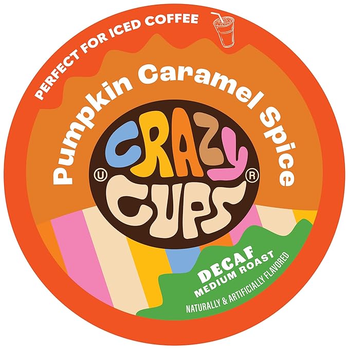 Crazy Cups Decaf Flavored Recyclable Single Serve Decaffeinated Pumpkin Caramel Spice Coffee Pods for Keurig K Cups Machines, Brew Hot or As Iced, 22 Count (Pack of 1)