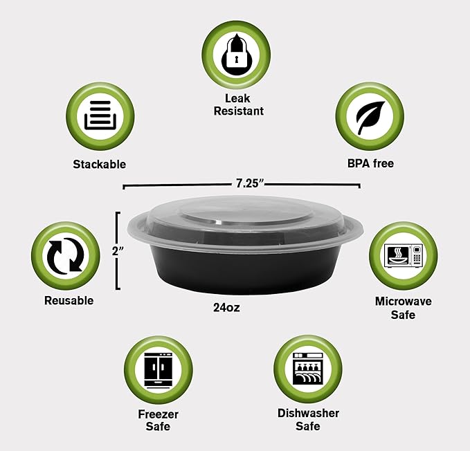 Meal Prep Container Reusable with Lids [25 Set- 24oz] Round Ideal-Food Prep Containers, Food Storage Bento Box | Stackable | Microwave | Dishwasher | Freezer Safe.