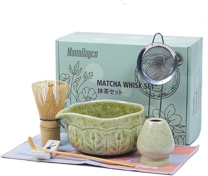 Matcha Whisk Bowl Set, 7PCS All-in-One Japanese Tea Set Includes Matcha Bowl with Spout, Bamboo Whisk (Chasen) with Stand, Scoop, Sifter, Complete Kit for Ceremony, Gift for Matcha Tea Lovers(Ivory)