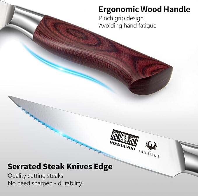 HOSHANHO Steak Knife Set 8 Pieces, 4.5 Inch Super Sharp High Carbon Stainless Steel Steak Knife Set, Professional Premium Serrated Precise Cutting with Ergonomic Wood Handle