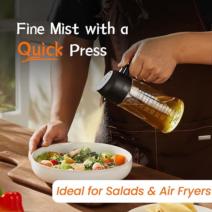 TrendPlain 16oz/470ml Glass Olive Oil Sprayer for Cooking – 2 in 1 Olive Oil Dispenser Bottle for Kitchen Gadgets and Air Fryer Accessories, Salad, BBQ - Black & Navy