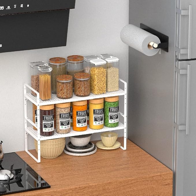 Expandable Cabinet Shelf Organizer, Stackable Pantry Cabinet Counter Under Sink Shelves Inside Cabinet Storage for Kitchen Bathroom Office, 2 Packs, White