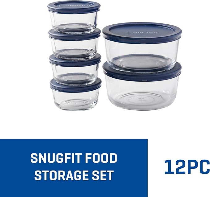 Anchor Hocking 12 Piece Glass Storage Containers with Lids (6 Glass Food Storage Containers & 6 Navy Blue SnugFit Lids)