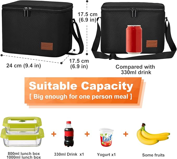 Aosbos Lunch Box for Men, Insulated Lunch Bag Adults, Leakproof Cooler Lunch Boxes, Reusable Food Containers, 7.5L Loncheras Para Hombres, Honeycomb Black