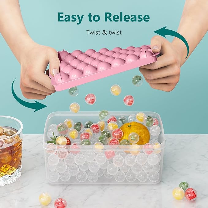 3 Pack Ice Trays for Freezer, 99 PCS Ice Cube Tray with Lid and Bin, Round Ice Cube Mold, Circle Ice Maker for Chilling Drinks (0.8 inch, Pink)