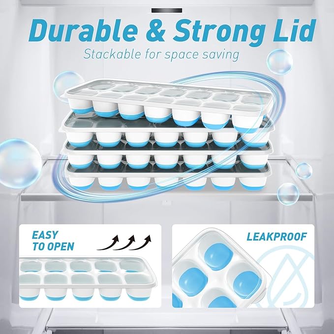 Ice Cube Tray with Lid, 4 Packs 56 Cubes Durable Stackable Ice Cube Trays for Freezer with Removable Lids, Easy-Release Plastic & Silicone Ice Tray for Cocktail, Coffee