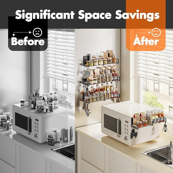 Magnetic Spice Rack for Refrigerator, 4 Pack Magnetic Fridge Shelf with Hooks, Spice Organizer Shelf for Kitchen Organization and Storage, Seasoning Organizer Gadgets for Metal Surface