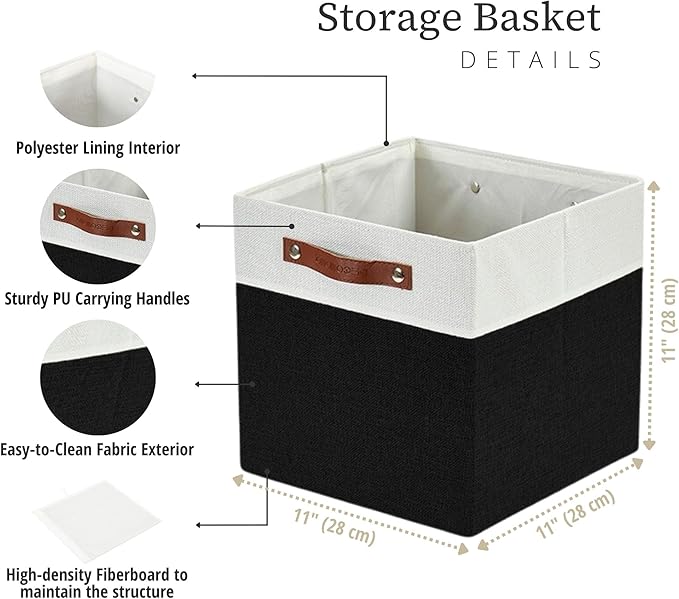 DECOMOMO Cube Storage Bins | Fabric Storage Cubes Closet Organizer Cubby Bins for Shelves Cloth Nursery Decorative Storage Cubes with Handles (Black &White, 11 x 11 x 11 inch)