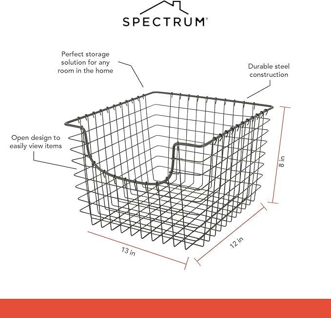 Spectrum Wire Basket for Organizing (Medium, Industrial Gray) - Sturdy Scoop Pantry Basket Storage - Wire Storage Basket Organizer for Kitchen, Shelf, Closet, Bathroom, Garage & More