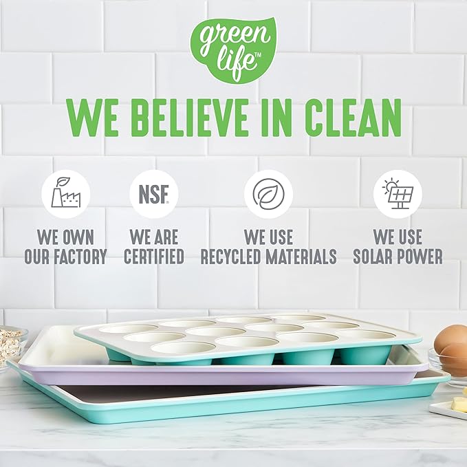 GreenLife 12-Cup Muffin Pan, PFAS-Free Healthy Nonstick Baking Tray, 11.4" x 1.9" x 15.9", Durable Ceramic Bakeware, Cupcakes, Egg Bites, Tarts, Brownies, Gray