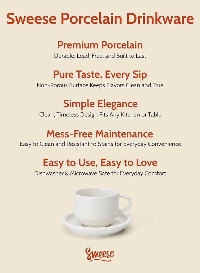 Sweese Porcelain Espresso Cups Set, 4 oz Stackable Cups with Saucers Metal Stand, Set of 4, White