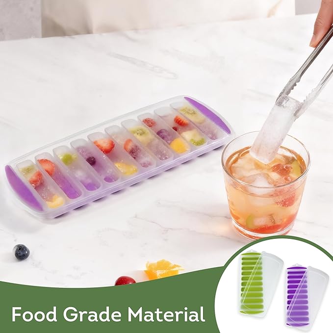 Lily's Home Silicone Ice Cube Tray with Lid Set of 2, BPA-Free, Ideal for Water Bottles & Sports Bottles, Flexible & Stackable Design for Quick Release, Ice Cube Trays for Freezer(11.81"*4.72"*0.95")
