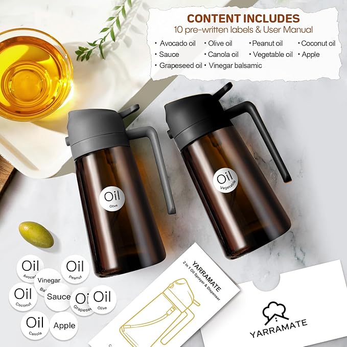 YARRAMATE 16oz/470ml Dark Brown Oil Sprayer for Cooking with Stickers, Food-grade Premium 2 in 1 Olive Oil Dispenser Bottle for Kitchen Gadgets, Air Fryer, Salad, Frying, BBQ (Grey)
