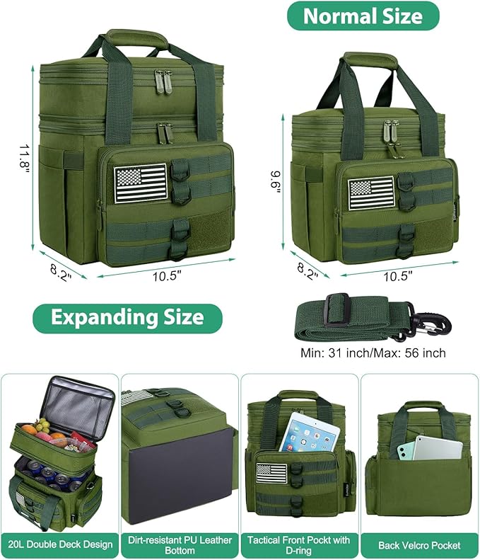 Tactical Lunch Box for Men, Large Insulated Lunch Bag for Adult, Heavy Duty Double Deck Expandable Lunch Cooler Bag with American Flag, Leakproof Soft Lunch Pail for Work Office Camping - Green