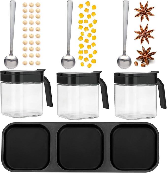 Mlici Condiment Jar Spice Container with Lids and Spoons, 8.6oz Clear Glass Condiment Canisters Pots Seasoning Box Salt Container Sugar Bowl Set of 3 for Kitchen, Containers, Black