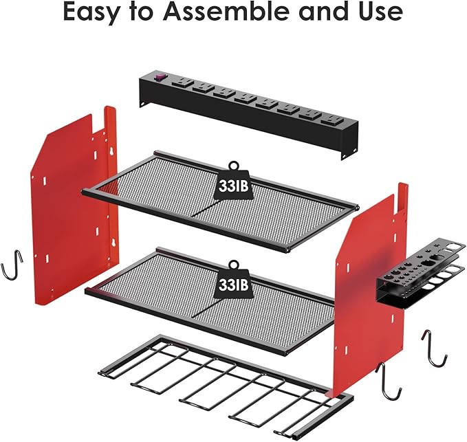 CCCEI Modular Power Tool Organizer Wall Mount with Charging Station. Garage Drill Storage Shelf with Hooks, Heavy Duty Rack, Tool Battery Holder Built in 8 Outlet. Gift for Men. Red, 1 Pack.