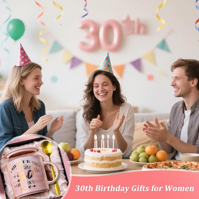 30th Birthday Gifts for Women, Unique Happy 30 Year Old Birthday Gifts Ideas for Women, Wife, Mom, Daughter, Sister, Aunt, Best Friends, BFF, 14Oz Fabulous Pink Marble Mug with Gold Pattern, Gift Box