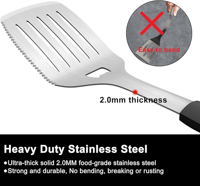 15.8'' Stainless Steel Grill Spatula for Outdoor Grill, 3-in-1 Metal BBQ Spatula Turner with Full Tang Silicone Handle and Serrated Edge, Heavy Duty Barbecue Tools Spatula for Grilling Cooking