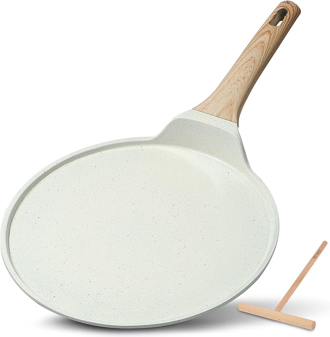 ESLITE LIFE 9.5 Inch Crepe Pan with Spreader, Nonstick Ceramic Flat Skillet Dosa Tawa Comales Para Tortillas Pancake Pan, PTFE & PFOA Free, White