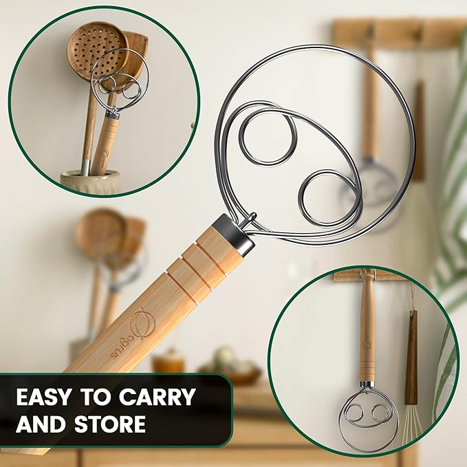 Danish Dough Whisk for Making Bread and Baking, Long Wooden Handle