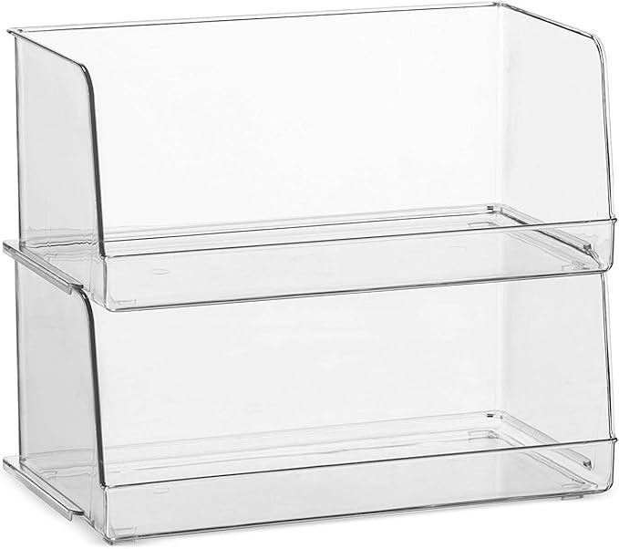 Set Of 4 Clear Pantry Organizer Bins Stackable Household Plastic Food Storage Basket with Wide Open Front for Kitchen, Countertops, Cabinets, Refrigerator, Freezer, Bedrooms, Bathrooms