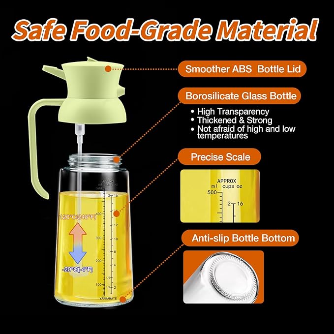 YARRAMATE Large Capacity 2 in 1 Oil Sprayer for Cooking with Measuring, 18oz/550ml Olive Oil Dispenser for Kitchen, Food-grade Oil Spritzer Bottle for Air Fryer, Salad BBQ (Green)