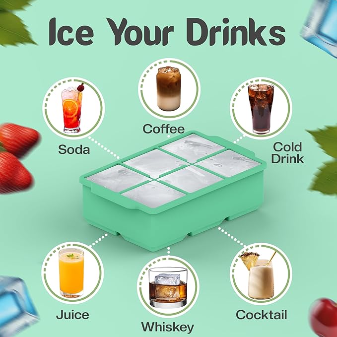 KitchFort Large Silicone Ice Cube Tray (3-Pack), Easy Release 2" Big Ice Cubes - Cocktail, Whiskey Ice Cubes Mold - Ice Trays for Freezer with Lid - Stackable Silicone Ice Tray - Green