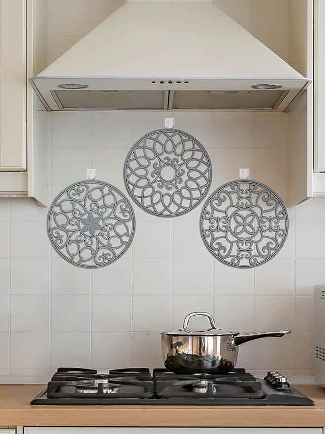 SMARTAKE 3 Set Silicone Trivet Mats, Multi-Use Carved Trivet Mat, Insulated Non-Slip Durable Kitchen Mats, Flexible Modern Kitchen Table Mat, for Hot Dishes, Pots, Dining Countertop, Grey, STM413H