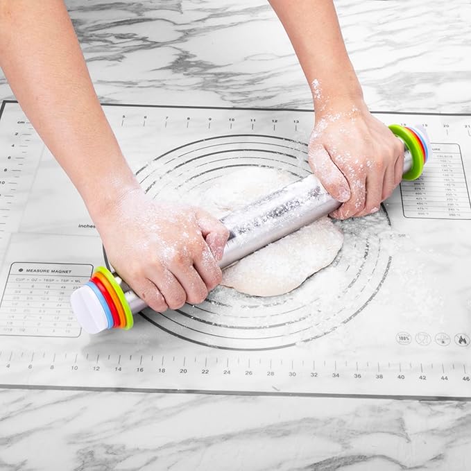 Rolling Pins, Stainless Steel Dough Roller, Rolling Pin and Silicone Baking Pastry Mat Set, Adjustable Rolling Pin with Thickness Rings for Baking Dough, Pizza, Pie, Pastries, Pasta, Cookies(Black)