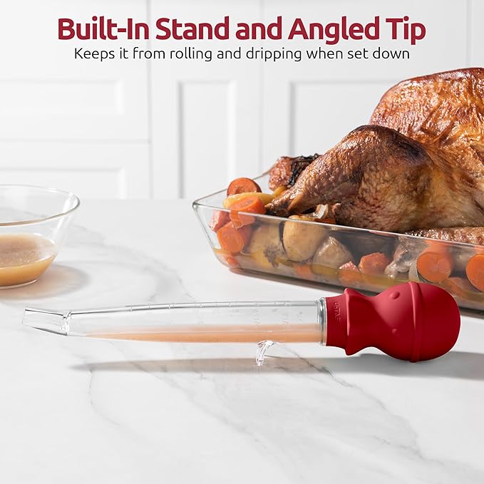 U-Taste 1.5oz Angled Turkey Baster - 228.2ºF Heat Resistant Food Grade Tritan and Silicone Large Octopus Bulb Baster Set with Cleaning Brush for Cooking Basting Meat Poultry Beef Chicken (Red)